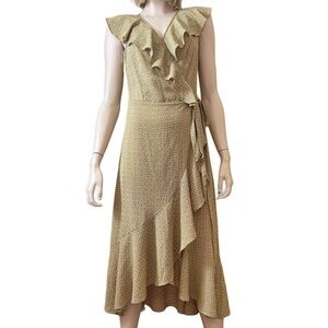 MAX STUDIO Ruffle Wrap Dress Midi Flutter Neckline Flowy Flounce Hem Hi-Low